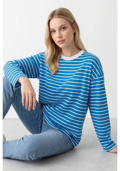 Turkuaz Bisiklet Yaka Çizgili Uzun Kollu Tişört Mg2362 Turkuaz