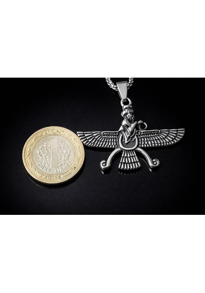 Antik Pers Sembolü Ahura Mazda Faravahar Erkek Çelik Kolye Gümüş
