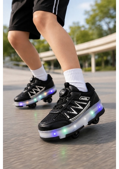 Muggo Sky Çocuk Işıklı Patenli Tekerlekli Sneaker Spor Ayakkabı Siyah
