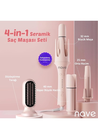 Nave 4 İn 1 Saç Maşası Seti, Seramik Kaplama, Otomatik Kapanma, 3 Sıcaklık Seviyesi, 360 Dönen Kablo, Pembe