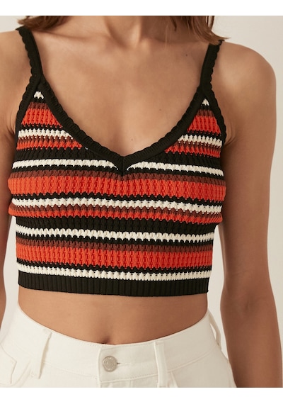 Koton Melis Ağazat X Koton - Örgü Detaylı Çizgili Crop Atlet Turuncu Çizgili 2sak30136ht Turuncu Çizgili