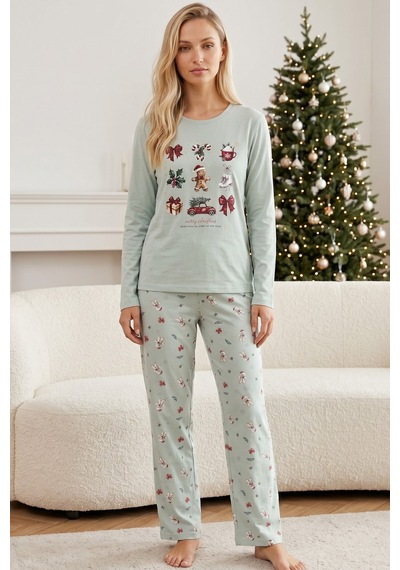 Siyah İnci Yılbaşı Temalı Pamuklu Likralı Örme Pijama Takım26241180 Yeşil