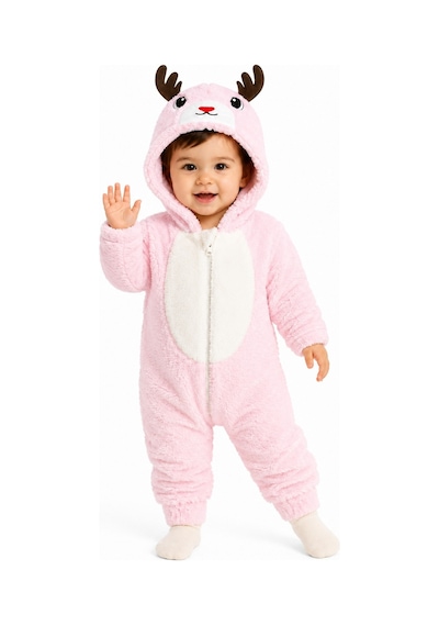 Tatlı Geyik Desenli Welsoft Bebek Tulumu Kapüşonlu Peluş Fermuarlı Kışlık Unisex Bebek Tulumu Pembe