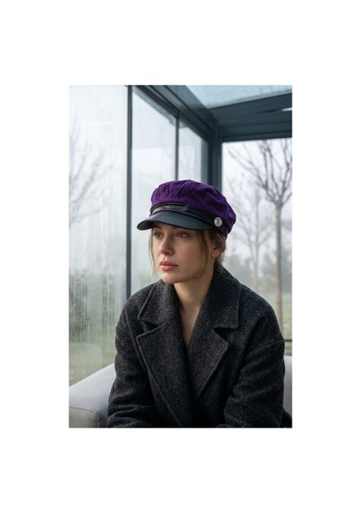 Emybox Kadın Süet Dokulu Deri Siperlikli Kaptan Şapka Vintage Kasket Şerit Detaylı Kışlık Ressam Şapkası Baker Boy Trend Aksesuar Mor