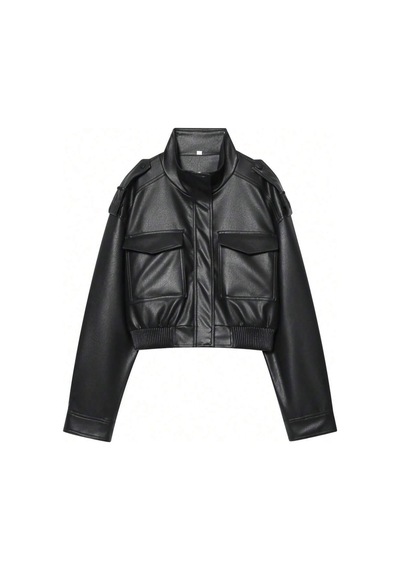 August Yeni Sezon Kadın Oversize Dik Yaka Apoletli Siyah Deri Ceket Siyah&blackest Black Siyah&Blackest Black