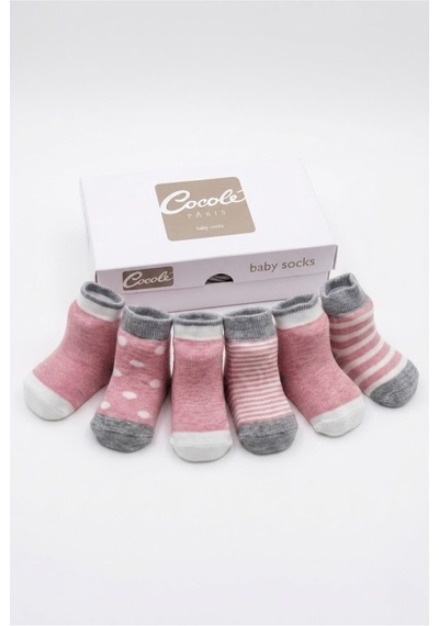 Cocole Socks Kız Bebek Çorabı 6 Lı Set Pamuklu Mercan Karışık Desenli Yenidoğan Kutulu