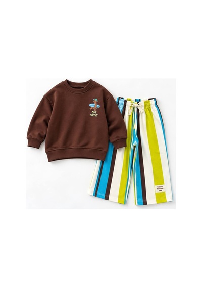 Out Surfin Baskılı Sweatshirt Çizgili Nakış Detaylı Eşofman Unisex 3ip Alt Üst Takım Kahverengi Out Surfin Baskılı Sweatshirt Çizgili Nakış Detaylı Eşofman Unisex 3ip Alt Üst Takım Kahverengi