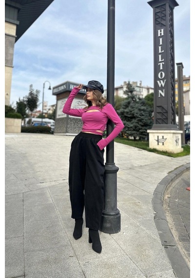 WeShaya Kadın Siyah Yüksek Bel, Cepli, Beli Lastikli, Salaş Gabardin Pantolon Siyah