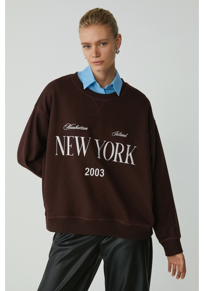 ETHIQUET PETRABB Kadın Içi Polarlı Yumuşacık Comfort Önü Nakışlı Örme Bordo Büyük Beden Sweatshirt
