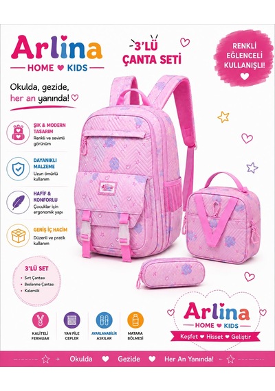 Kore Model 3 Lü Set Su Geçirmez Kız Çocuk Çantası Pembe Çanta-beslenme-kalemlik Seti