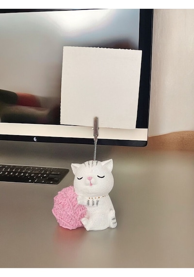 Yumak Tutan Kedi Not - Fotoğraf Tutuculu Biblo Obje Beyaz Pembe