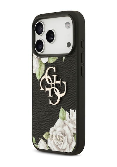 Apple Uyumlu iPhone 17 Pro Kılıf Guess Lisanslı Gül Baskılı Büyük Metal Logo Dizaynlı Kapak Siyah Siyah