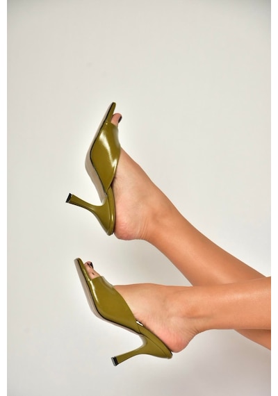 Fox Shoes S590033160 Haki Rustik İnce Topuklu Kadın Terlik Haki