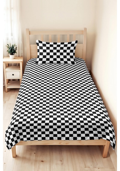 Siyah Geometrik Genç Odası Tek Kişilik Pike Takımı - Modern Ekose 160x220 Cm Kapitone Yatak Örtüsü Dokulu Dere Baharı