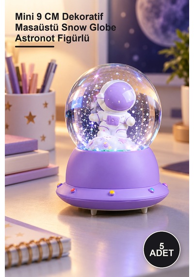 5 Adet Küçük Astronot Işıklı Kar Küresi Mini 9 Cm Dekoratif Masaüstü Snow Globe Astronot Figürlü