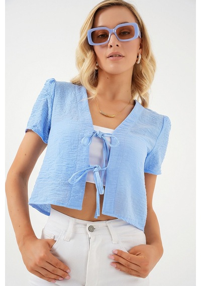 Hiccup Bdart Dokulu V-yaka Keten Karışımlı Crop Top Maya Mavisi