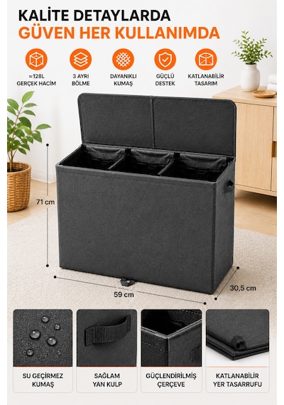 Esti 128 Litre 3 Bölmeli Kapaklı Çamaşır Sepeti - Taşınabilir İç Torba, Katlanabilir Geniş Hacimli Kirli Sepeti - 59x30,5x71 Cm Antrasit