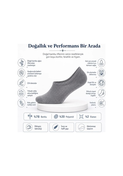 Elitse Erkek Bambu 6'lı Babet Çorap Görünmez No Show Dikişsiz Silikon Topuklu Siyah 6'lı