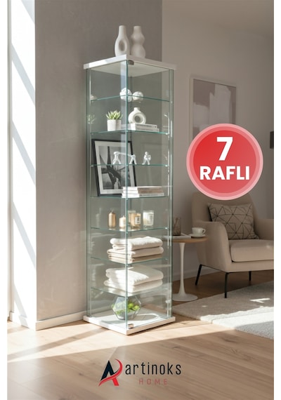 7 Raflı Cam Vitrin Dolap Gümüşlük Koleksiyon Sergi Kitaplık Kapaklı Büfe Mutfak Raflı Vitrin Detolf Beyaz 7 Raflı Cam Vitrin Dolap Gümüşlük Koleksiyon Sergi Kitaplık Kapaklı Büfe Mutfak Raflı Vitrin Detolf Beyaz