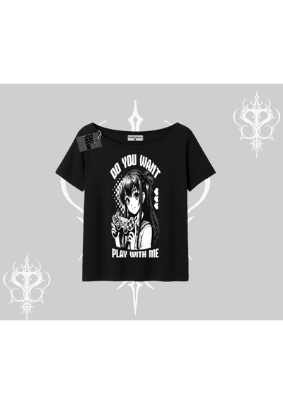 Startmore Startmore Kayık Yaka Tshirt Do You Want Play With Me Anime Kız Baskılı Siyah