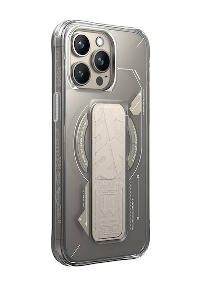Apple Uyumlu iPhone 15 Pro Max Kılıf Skinarma Magsafe Şarj Özellikli Teknoloji Desenli Standlı Helio Kapak Gri