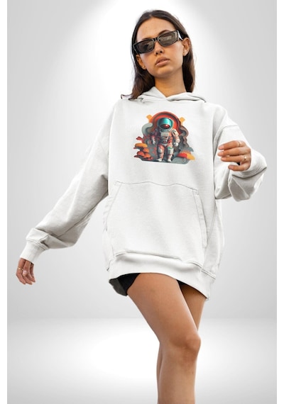 Astronot Yapay Zeka Yürüyüş Kadın Erkek Beyaz Kapüşonlu Sweatshirt Hoodie Beyaz