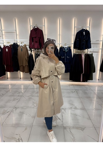 Esra Butik78 Kadın Kapüşonlu Bel Büzgülü Büyük Beden Parka Mont Krem