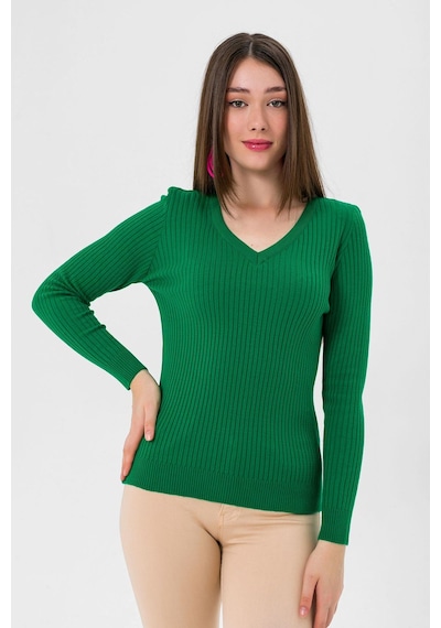 Miss Poem Kadın V Yaka Slim Fit Fitilli Uzun Kışlık Benetton Triko Kazak Yeşil