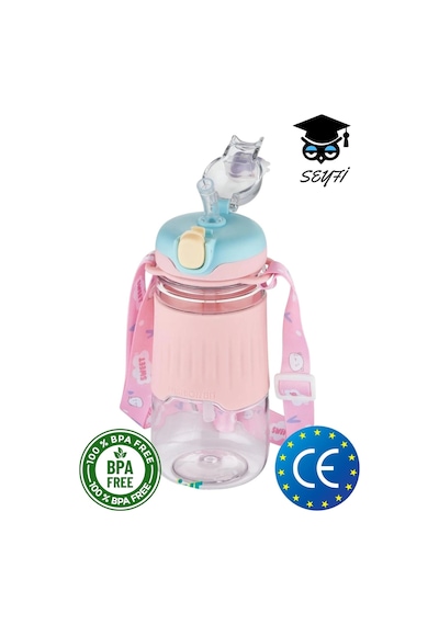 Pipetli 600 Ml Boyun Askılı Kaydırmaz Gövde Hayvan Figürlü Su Matarası Vagonlife 2023 Pembe