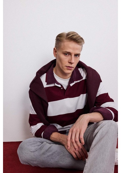 Defacto Boxy Fit Polo Yaka Çizgili Sweatshirt G5091ax25wnbr194 Bordo-br194