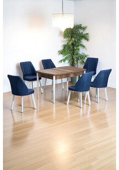 Sera Ceviz 80 x 132 Açılabilen MDF Masa Beyaz Metal Ayaklı Mutfak Masası 6 Lacivert Sandalye Sera Ceviz 80 x 132 Açılabilen MDF Masa Beyaz Metal Ayaklı Mutfak Masası 6 Lacivert Sandalye