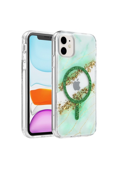 Onegif Apple Uyumlu iPhone 11 Lotus Simli Magsafe Kapak - Yeşil Ts2300