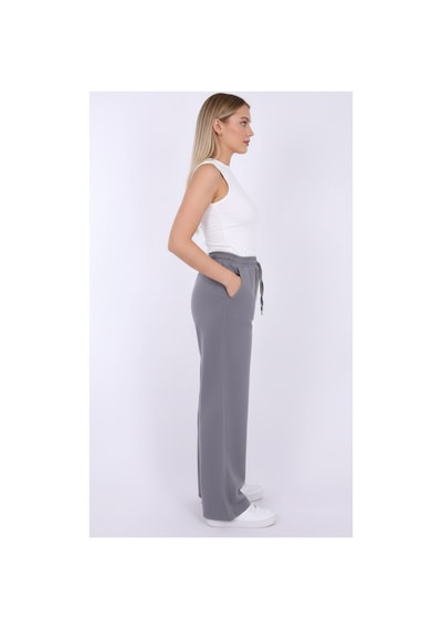 Myrab Denim Kadın Mavi Baggy Keten Pantolon Lastikli Bel Bağcıklı Rahat Geniş Paça Yazlık Pantolon Gri