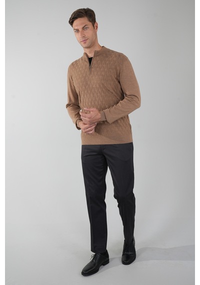 Bisse Camel Yün Yarım Balıkçı Yaka Fermuar Detaylı Jakarlı Triko Tr23k23208 D70