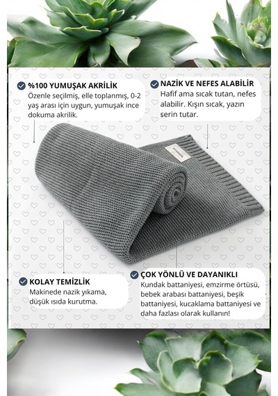 Kız Ve Erkek Bebek Için Triko Örgü Bebek Battaniyesi 90cm X110cm Basics Gri Gri2 Gri2