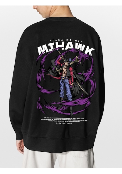 Unisex Siyah Mihawk Baskılı Hoodie Oversize Kapşonsuz Sweatshirt Siyah