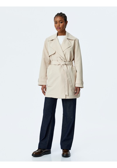 Koton Gabardin Kumaş Kemerli Cepli Kruvaze Trençkot Taş 5sak00044ew Taş