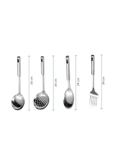 4 Parça Çelik Mutfak Servis Seti, Kepçe Kevgir Spatula Kaşık Takımı Çeyiz Seti, Mutfak Sofra Seti Ergonomik Sapl