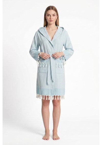 Kapşonlu Unisex Peştemal Plaj Bornozu %100 Pamuklu Seaside Stripe Turkuaz