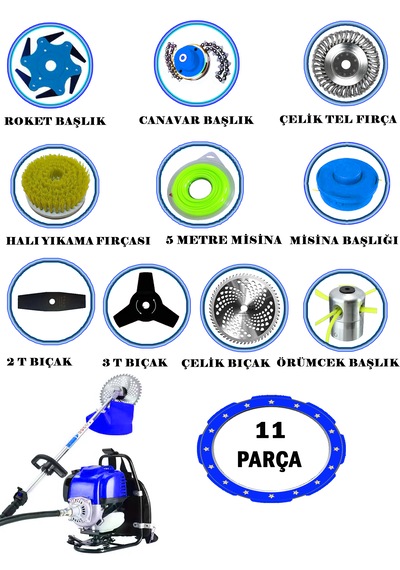 Eisenn German RX-11 Stahl Sırt Tipi Benzinli Ot Çalı Çim Biçme Tırpanı + 11 Parça Full Set Halı Yıkamalı