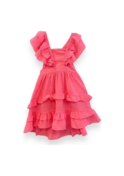 Kız Çocuk Askılı Dokuma Sırtı Açık Elbise-13744 Neon Pembe