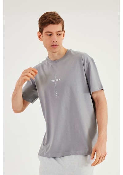 Leo Erkek Oversize Tshirt %100 Pamuk Bisiklet Yaka Baskı Detaylı Basic Tişört Mtlce87 Gri