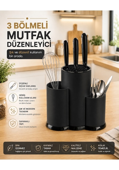 Tezgah Üstü Bölmeli Bıçaklık - Kaşık Kepçe Bıçak Standı Mutfak Düzenleyici Organizer Kaşıklık Siyah S-10137