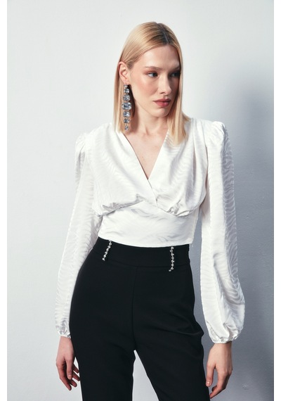 Sateen Desenli Kruvaze Saten Bluz - Ekru-134488 Ekru