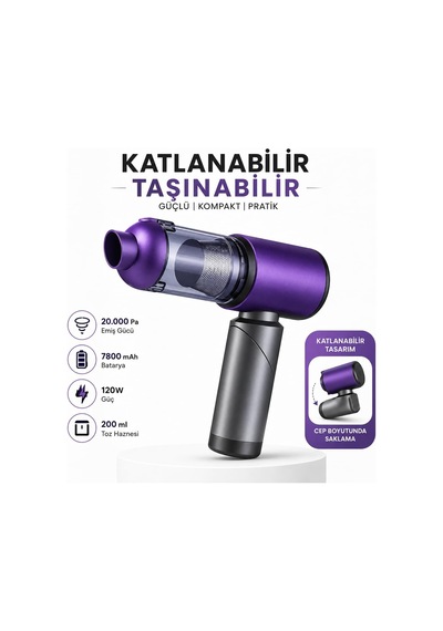 20.000 Pa Kablosuz El Süpürgesi 120w Güç, 7800 Mah Batarya, 200 Ml Toz Haznesi, 8 Başlıklı, Taşıma Çantalı Mini Araç & Ev Süpürgesi Mor