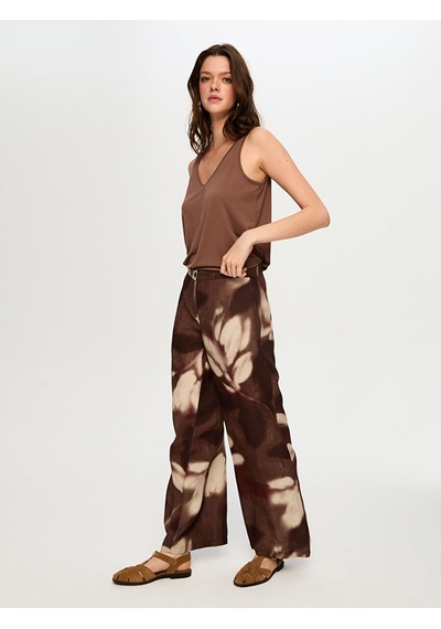 Faik Sönmez Soyut Çiçek Desen Ketenli Wide Leg Fit Pantolon S26pnt035 Us26pnt03530 Kahve