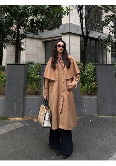 Laluvia Camel Çıkarılabilir Kapüşon Detaylı Pelerinli Trençkot - 85179 Camel