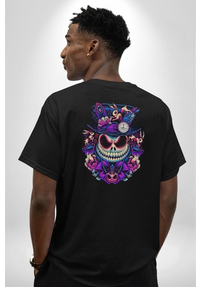 The Mad Skeleton Karakter Pamuklu Unisex Oversize Sırt Dijital Baskılı Siyah T-shirt Siyah