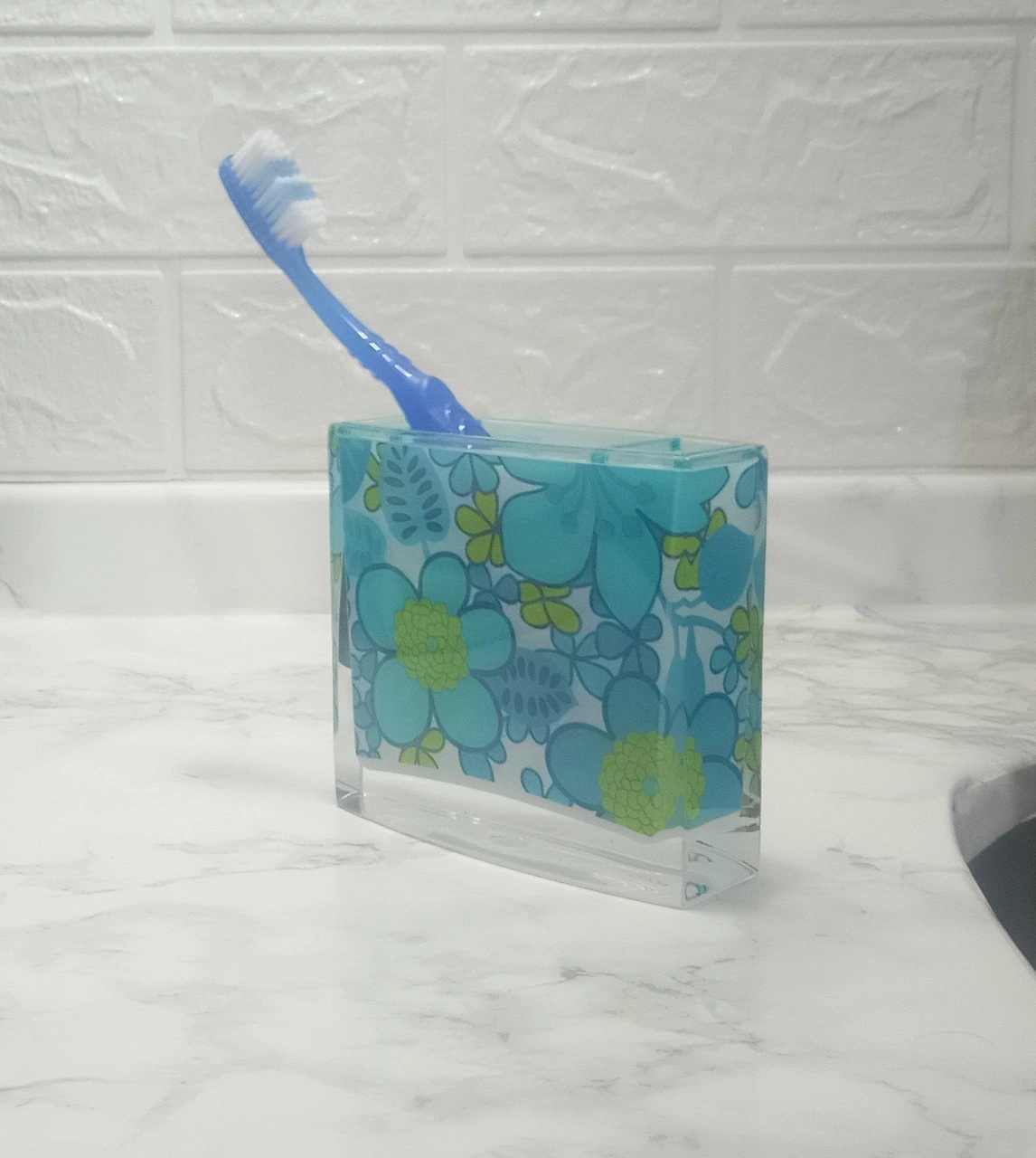 2 Adet Diş Fırçalık Mavi Çiçekli Akrilik 10x10x3cm Banyo Seti Çok Renkli