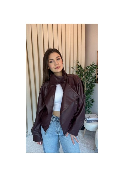 Meecy Zra Model Dik Yaka Yeni Sezon Deri Ceket Bordo Bordo